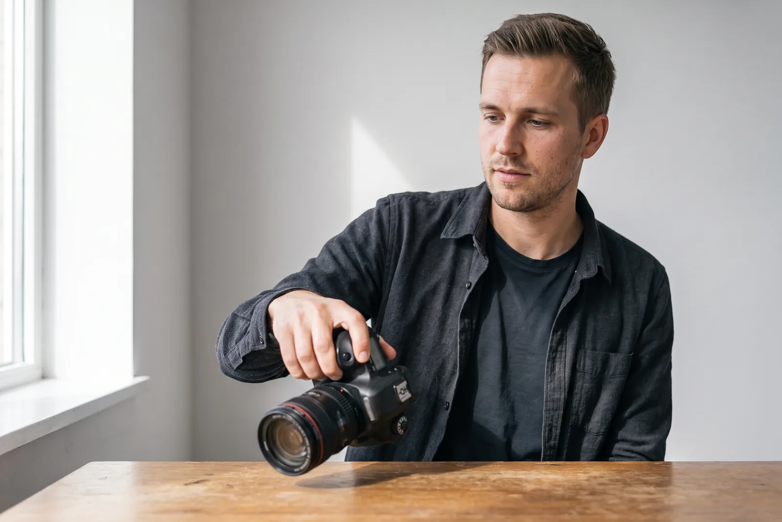 Vlogger pakt een camera van een bureau bij daglicht