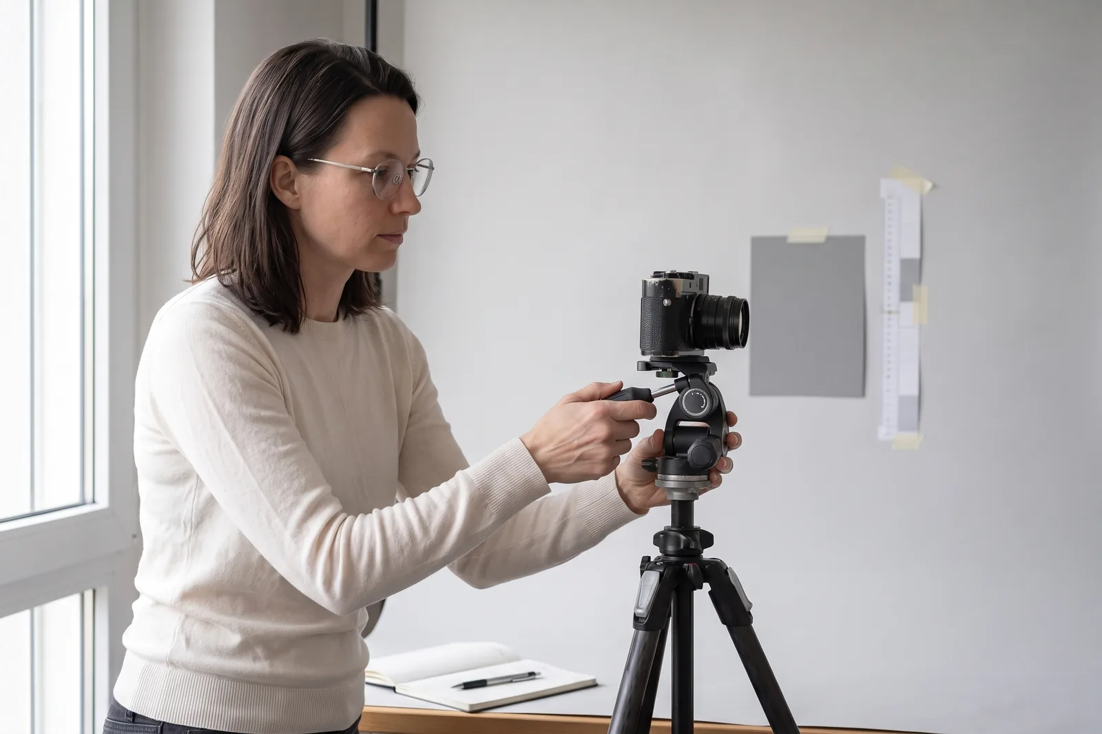 Camera op statief voor een grijskaart tijdens een test