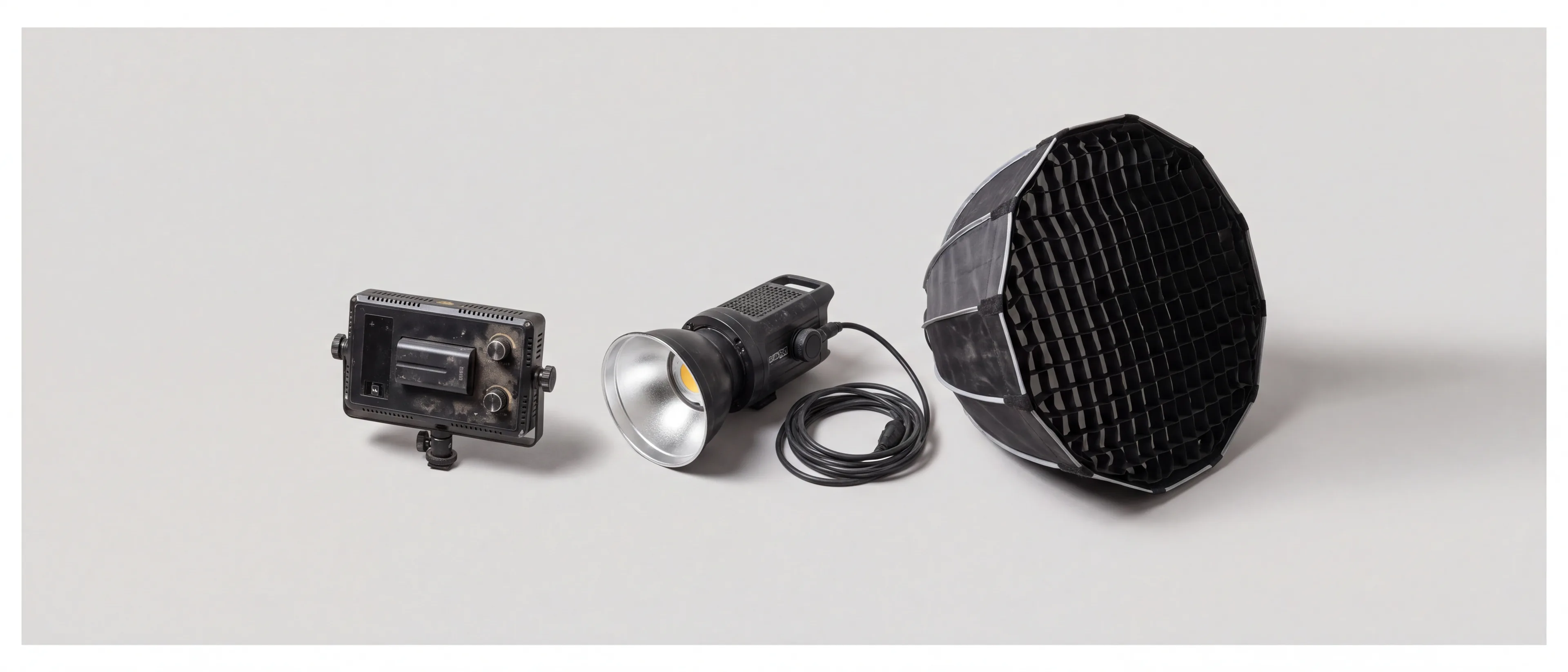 Drie LED-lampen naast elkaar: een klein paneel, een COB-lamp met reflector en een softbox