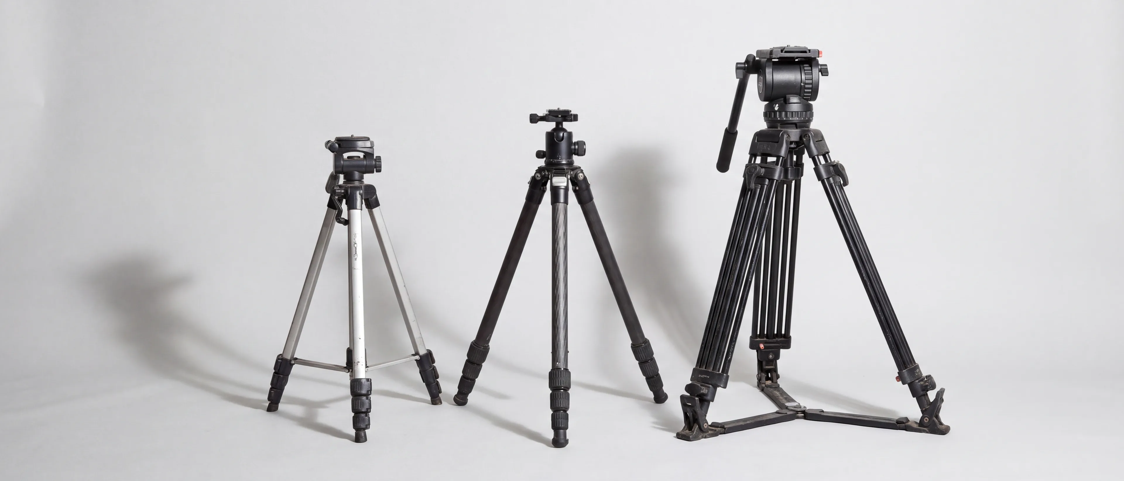 Drie statieven naast elkaar, van een licht reismodel tot een zwaar videostatief