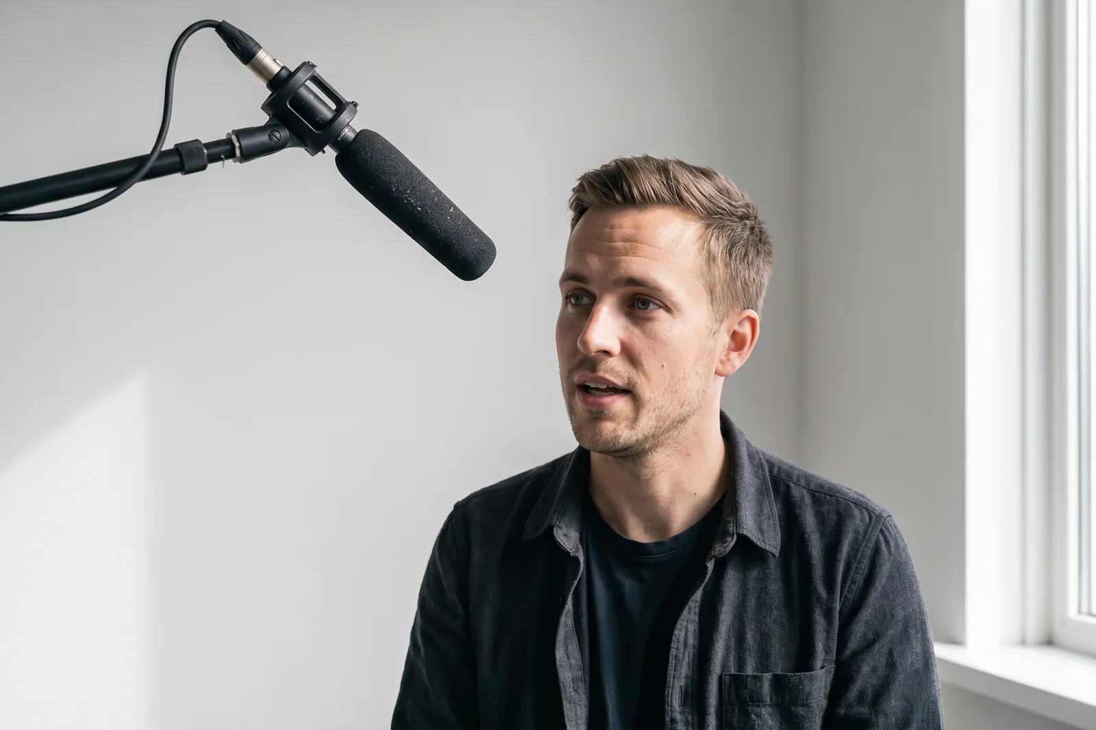 Vlogger spreekt in een shotgun-microfoon aan een boom-arm