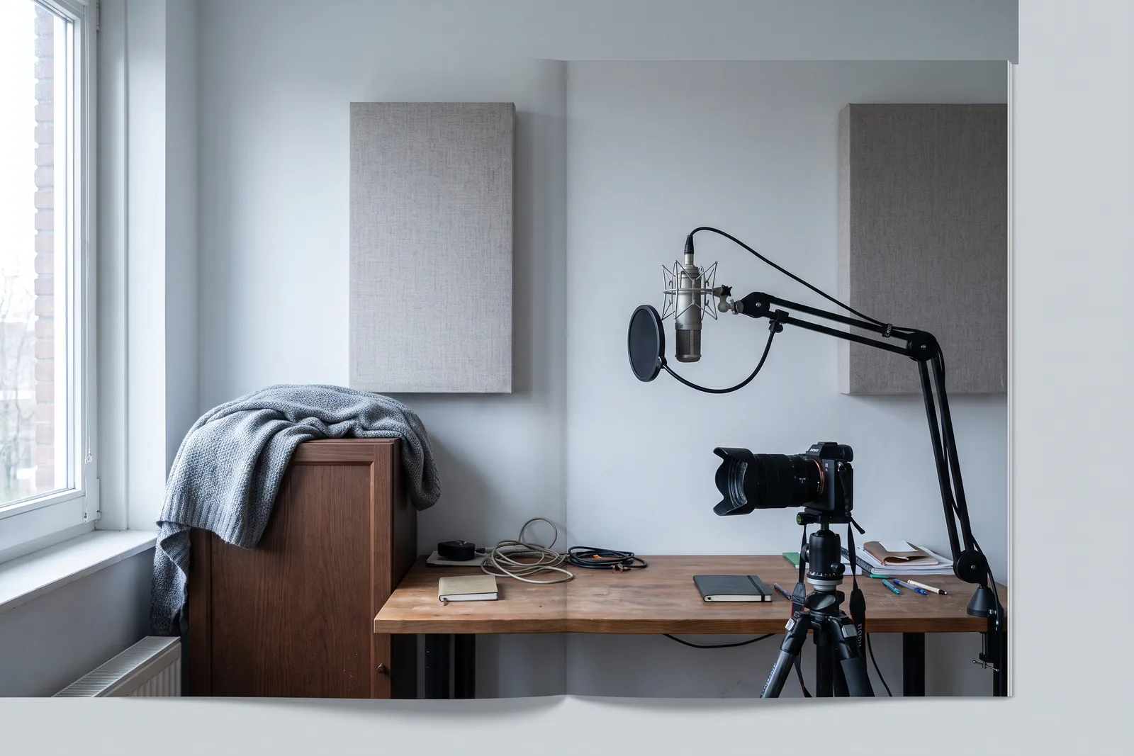 Werkkamer met akoestische panelen en een opnameopstelling