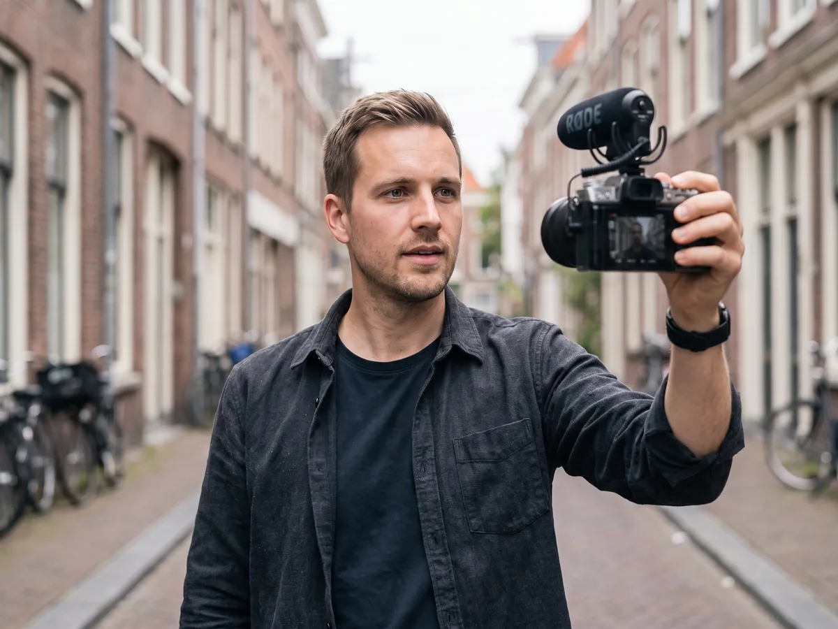 Vlogger filmt zichzelf met een camera op armlengte in de stad