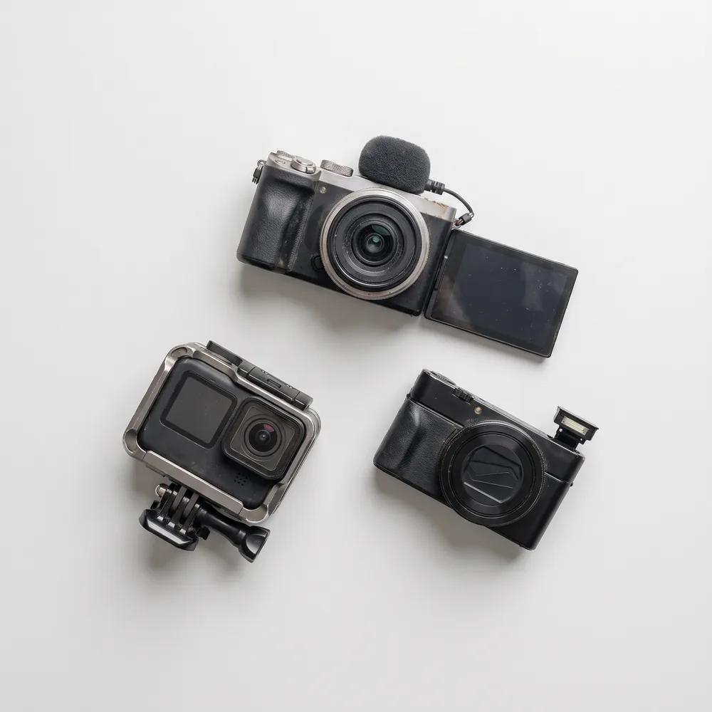 Drie vlogcamera's van bovenaf op een witte ondergrond