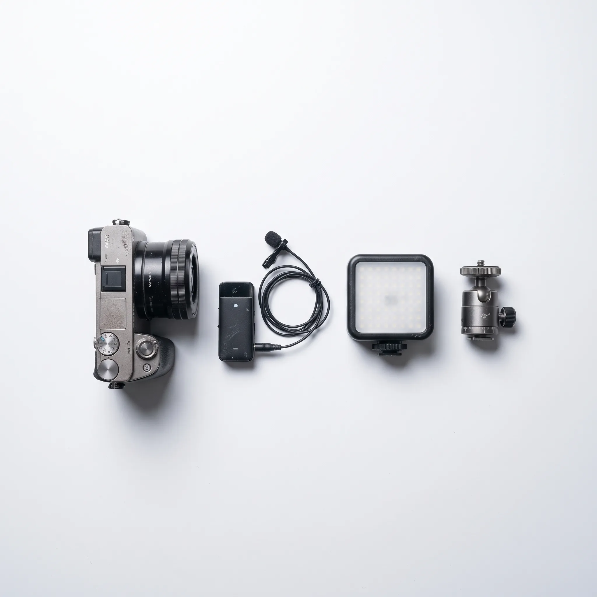 Camera, microfoon, lampje en statiefkop naast elkaar als complete set op een witte ondergrond